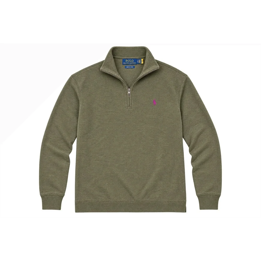 Polo Ralph Lauren Pullover Mens L Green Estate Rib Quarter Zip Cotton Pony Logo